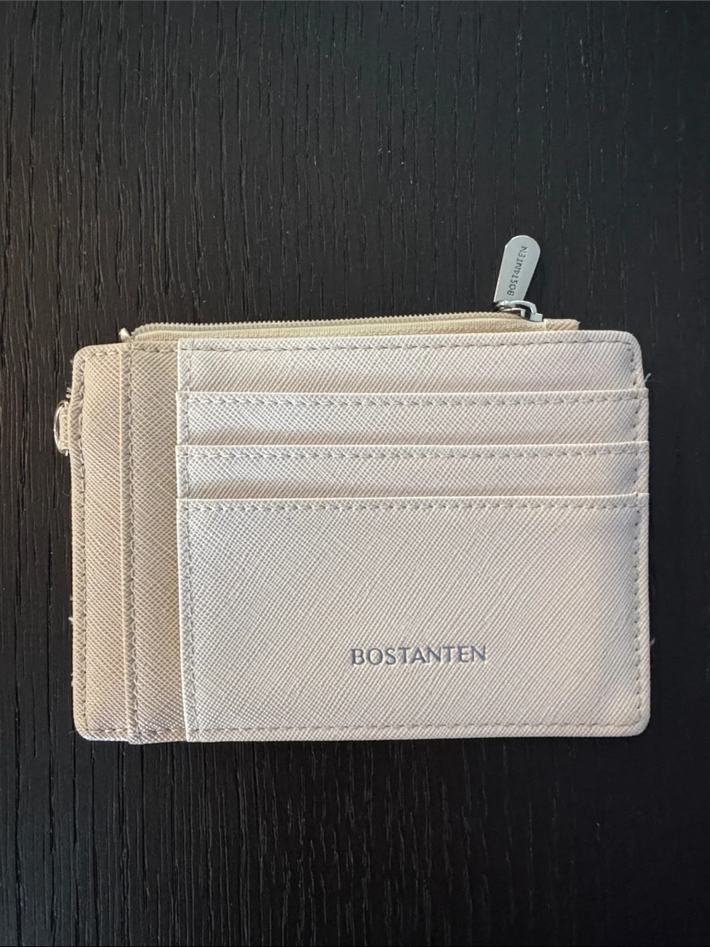 Bostanten tan/ivory multi slot, ID pocket zipper close pebbled leather wallet.